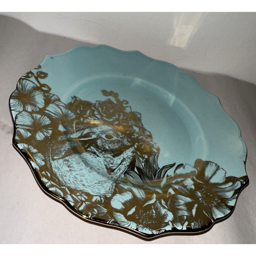 222 FIFTH GARDEN PLAYTIME BUNNY GOLD & TURQUOISE 8.5" Salad Plate - Picture 4 of 9